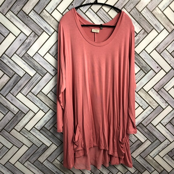 LOGO Pink Slub Pocket Long Sleeve Tunic Blouse